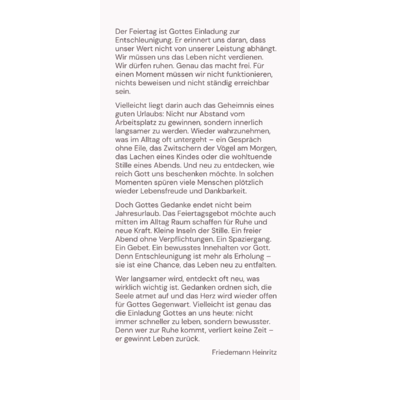 Doppelkarte „entschleunigen“ – Innenseite rechts mit Impulstext, Autor Friedemann Heinritz