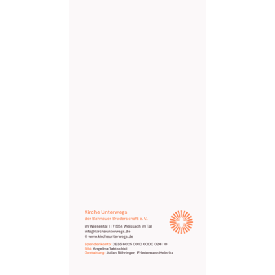 Doppelkarte „entschleunigen“ – Rückseite mit Kontaktdaten von Kirche Unterwegs